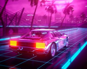 Превью обои автомобиль, пальмы, солнце, неон, арт, retrowave