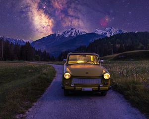Превью обои автомобиль, ретро, млечный путь, звездное небо, горы