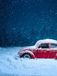 Превью обои автомобиль, ретро, зима, снег, снегопад, винтаж, красный, старый
