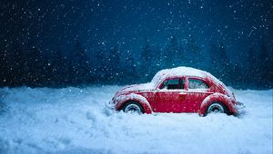 Превью обои автомобиль, ретро, зима, снег, снегопад, винтаж, красный, старый