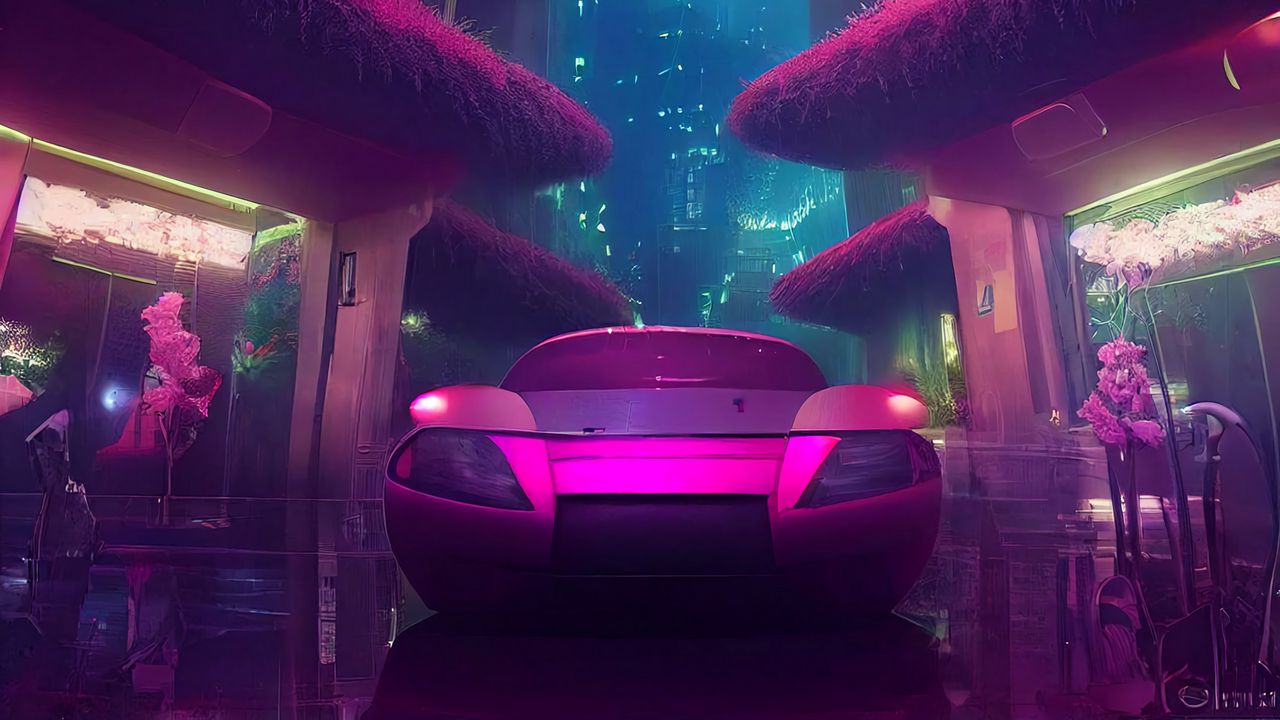 Обои автомобиль, розовый, здания, огни, город