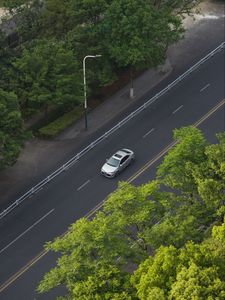 Превью обои автомобиль, серый, дорога, деревья, вид сверху