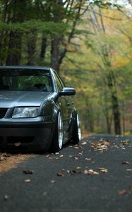 Превью обои автомобиль, серый, тюнинг, дорога, опавшие листья