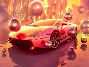 Превью обои автомобиль, спорткар, шары, здания, арт