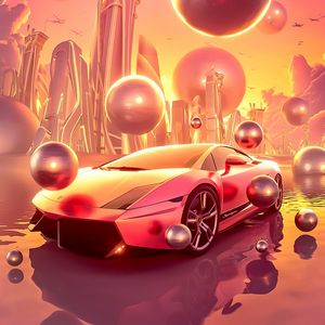 Превью обои автомобиль, спорткар, шары, здания, арт