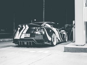 Превью обои автомобиль, спорткар, заправка, чб