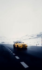 Превью обои автомобиль, спорткар, желтый, дорога, снег
