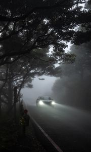 Превью обои автомобиль, свет, дорога, туман, мрачный