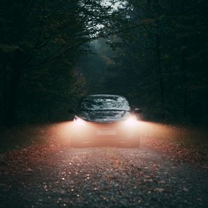 Превью обои автомобиль, туман, фары, лес