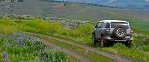 Превью обои автомобиль, внедорожник, серый, поле, тропинка