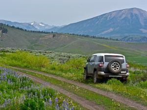 Превью обои автомобиль, внедорожник, серый, поле, тропинка