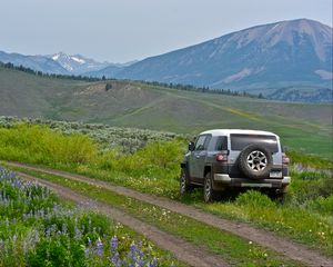 Превью обои автомобиль, внедорожник, серый, поле, тропинка