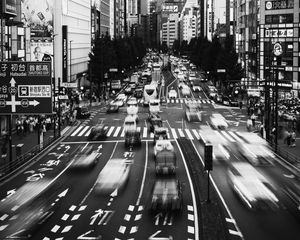 Превью обои автомобили, длинная выдержка, улица, город, черно-белый, япония