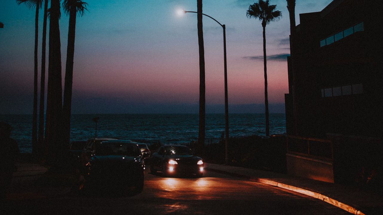 Обои автомобили, пальмы, закат, ночь, тропики