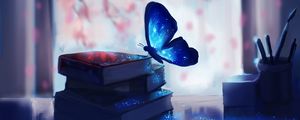 Превью обои бабочка, книги, арт, блики, магия