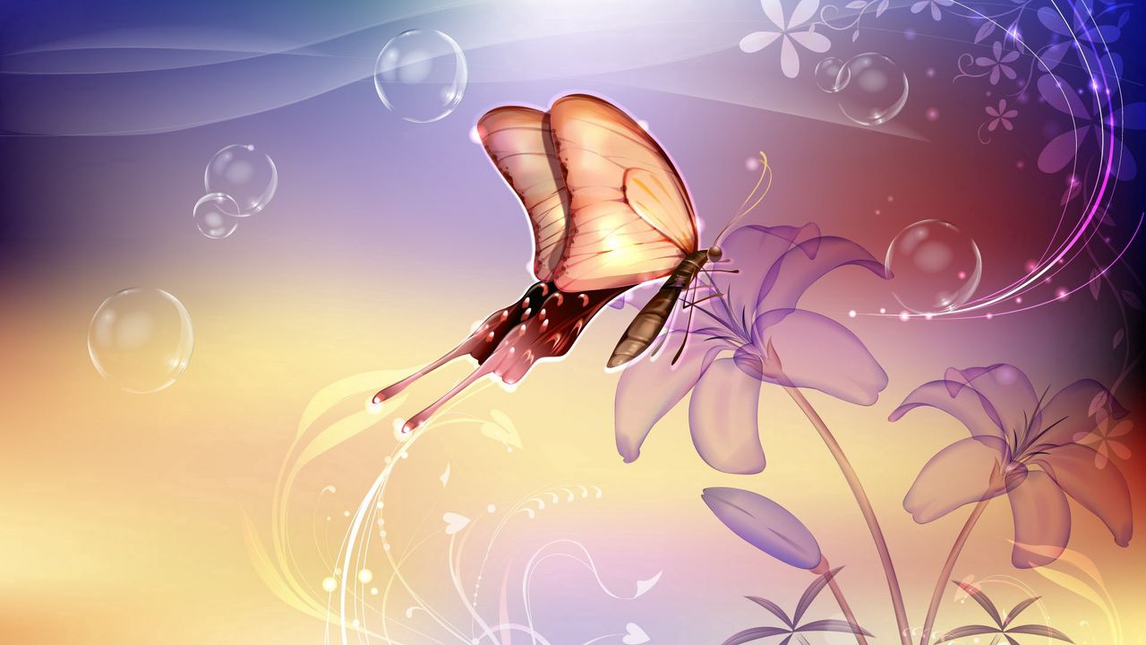Обои бабочка, цветы, полет, абстракция, узоры