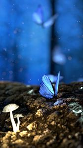 Превью обои бабочки, грибы, лес, фантазия, синий