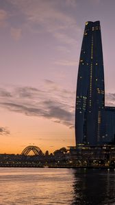 Превью обои бад пирмонт, река, мост, здания, закат, город