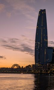 Превью обои бад пирмонт, река, мост, здания, закат, город