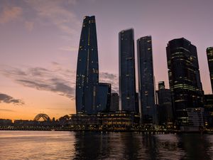 Превью обои бад пирмонт, река, мост, здания, закат, город