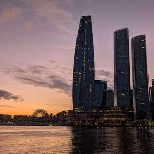Превью обои бад пирмонт, река, мост, здания, закат, город