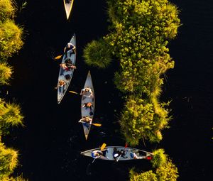 Превью обои байдарки, лодки, река, вид сверху