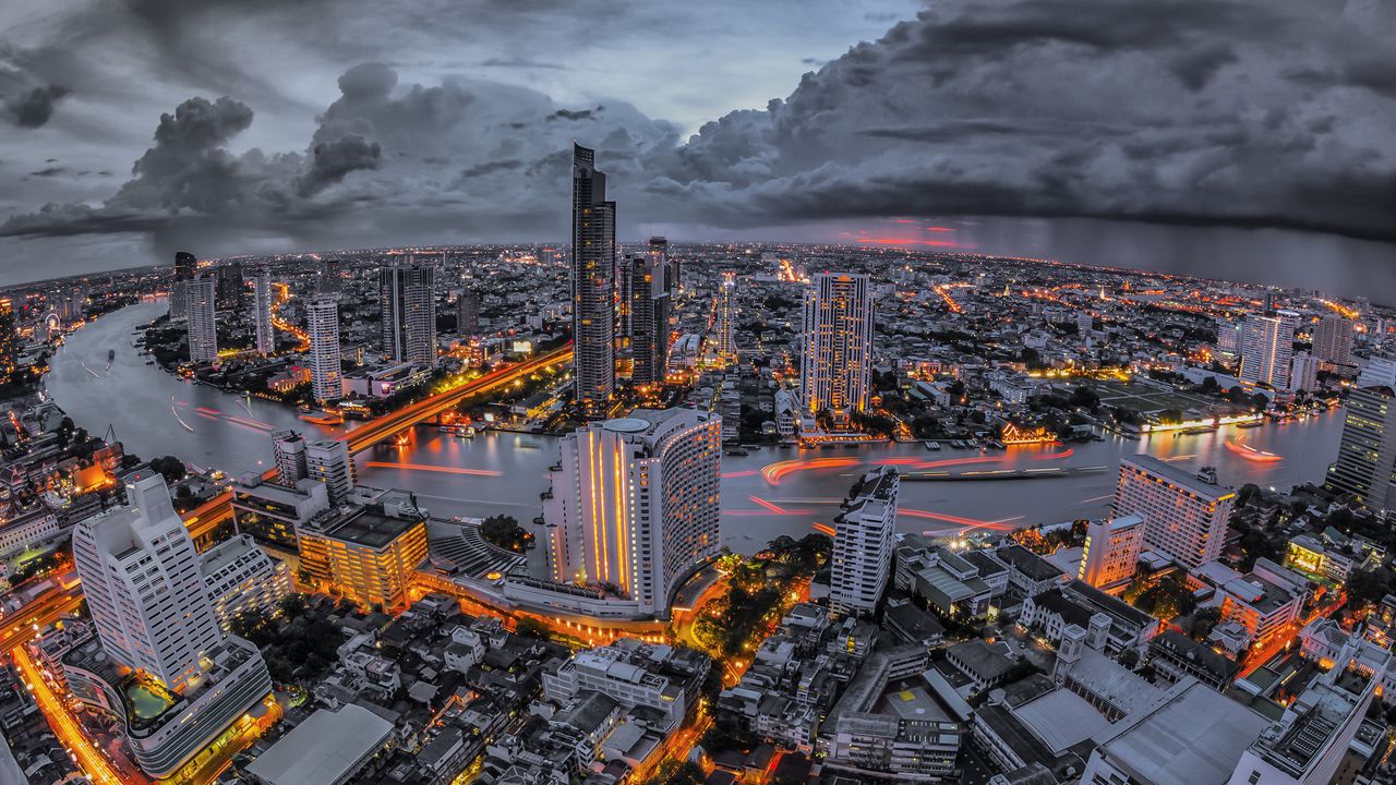 Обои бангкок, ночной город, вид сверху, небоскребы, мегаполис