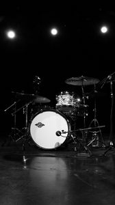 Превью обои барабаны, барабанная установка, музыкальный инструмент, музыка, черно-белый