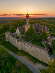 Превью обои башни, дом, деревья, рассвет, природа