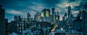 Превью обои башни, небоскребы, город, здания, ночь