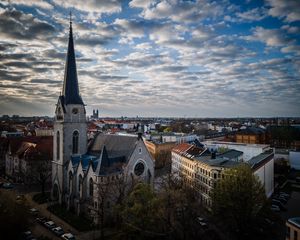 Превью обои башня, часовня, здания, часы, город