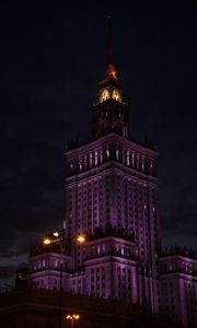 Превью обои башня, часы, здание, архитектура, ночь, фонари