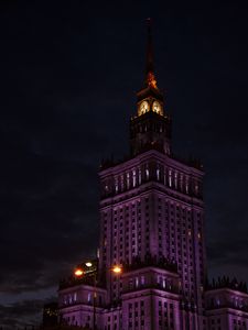 Превью обои башня, часы, здание, архитектура, ночь, фонари