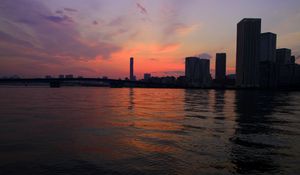 Превью обои башня, море, здания, мост, рассвет, токио, япония