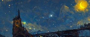 Превью обои башня, мост, арка, огни, ночь, арт
