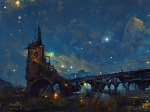 Превью обои башня, мост, арка, огни, ночь, арт