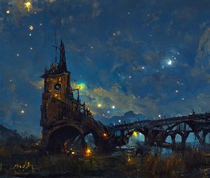 Превью обои башня, мост, арка, огни, ночь, арт