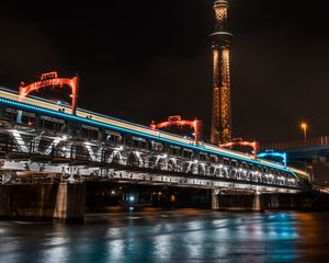 Превью обои башня, мост, огни, токио, япония