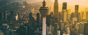 Превью обои башня, небоскребы, рассвет, куала-лумпур, малайзия