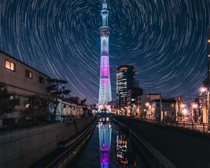 Превью обои башня, ночной город, огни города, архитектура, ночь, токио, япония