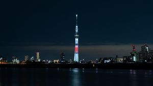 Превью обои башня, ночной город, панорама, огни города, токио, япония