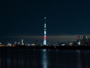 Превью обои башня, ночной город, панорама, огни города, токио, япония