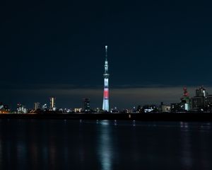 Превью обои башня, ночной город, панорама, огни города, токио, япония