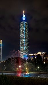 Превью обои башня, ночной город, подсветка, огни города, тайбэй, тайвань