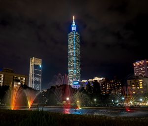 Превью обои башня, ночной город, подсветка, огни города, тайбэй, тайвань