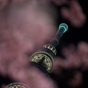 Превью обои башня, облака, ночь, подсветка