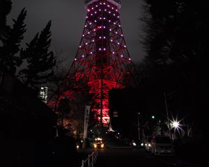 Превью обои башня, подсветка, ночной город, токио, япония, свет