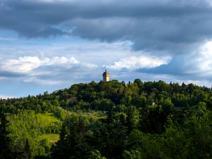 Превью обои башня, здание, деревья, холм, природа