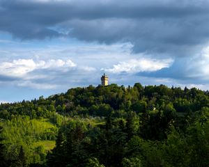 Превью обои башня, здание, деревья, холм, природа