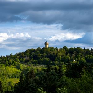 Превью обои башня, здание, деревья, холм, природа
